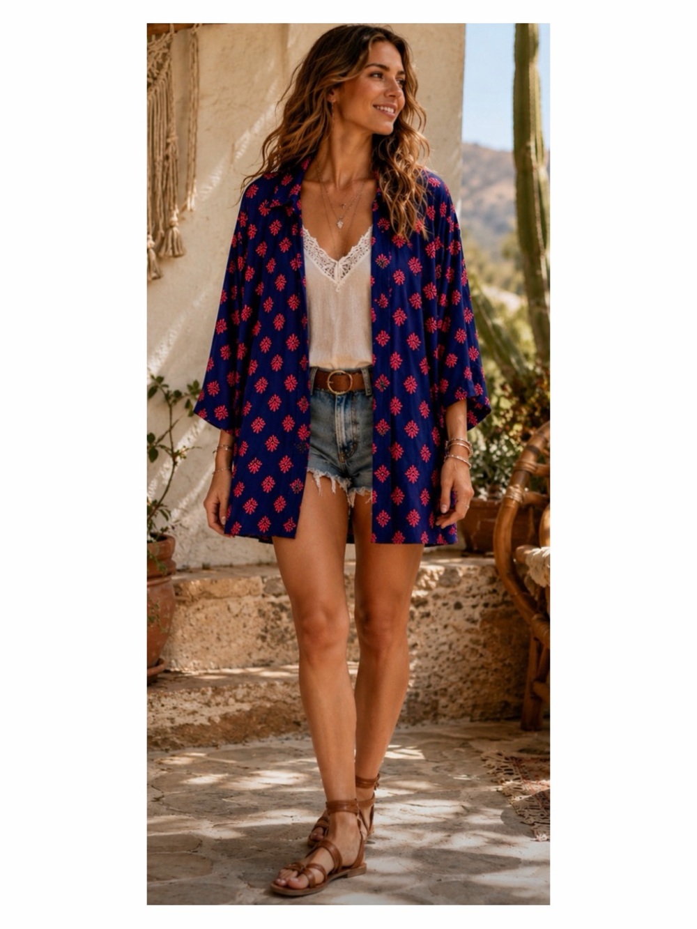 By Together Kimono Embroidered Navy Blue Open Front Side Pockets Size Medium